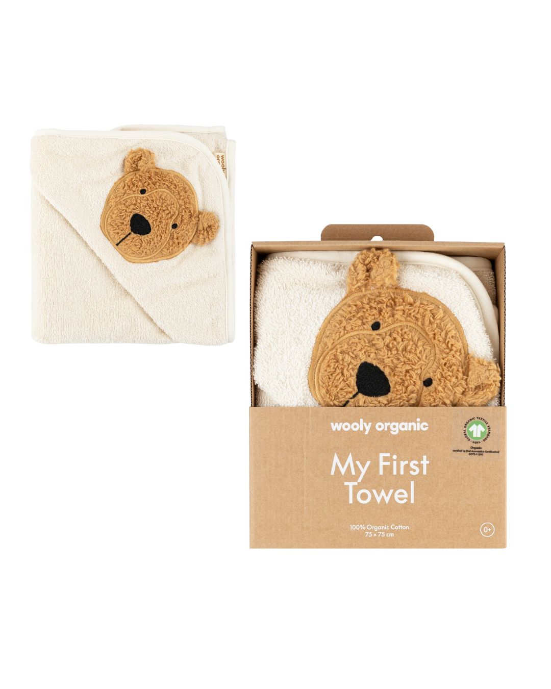 Wooly Organic My First Teddy Towel - håndkle til baby med hette og søtt bamsemotiv