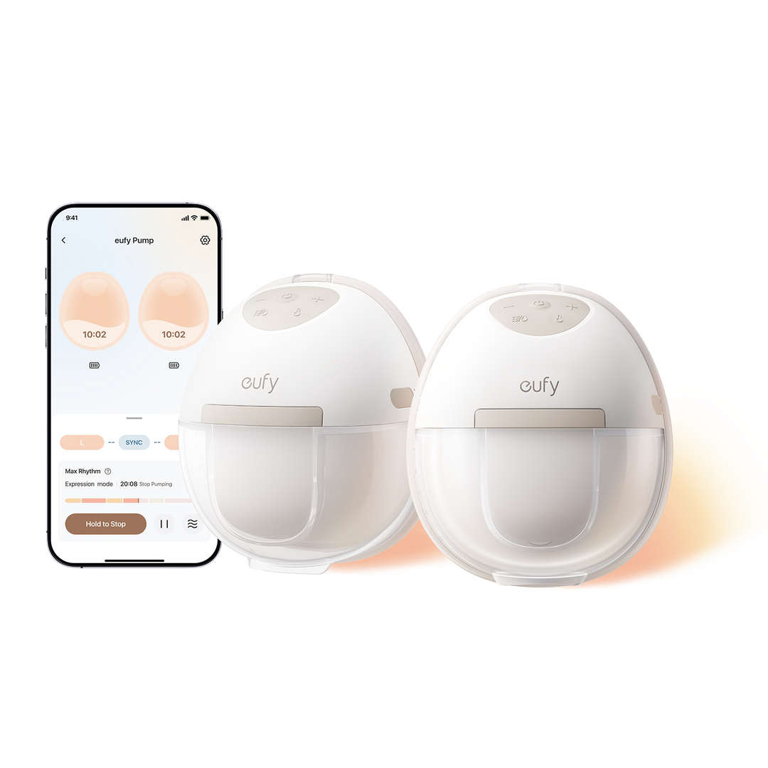 Eufy E20 dobbel wearable brystpumpe med to pumpeenheter og Anker Eufy-appen på mobil