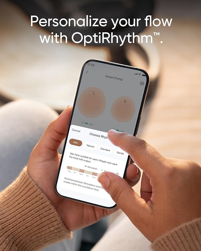 Eufy S1 Pro app med OptiRhythm og fire valgbare pumperytmer på mobiltelefon