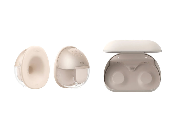 Eufy S1 Pro dobbel wearable brystpumpe forfra og bakfra ved siden av åpent ladeetui