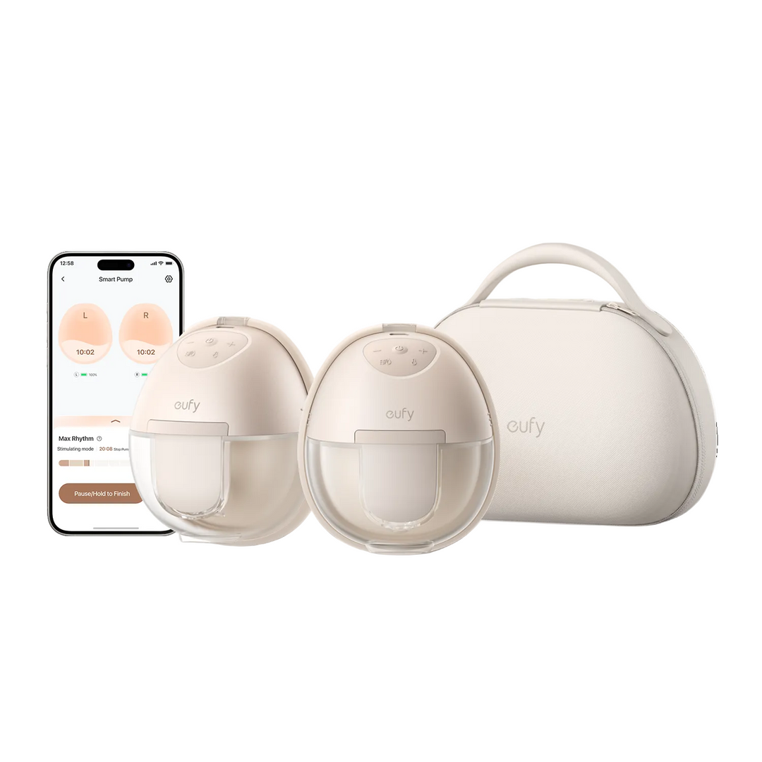 Eufy S1 Pro dobbel wearable brystpumpe med to pumpeenheter, ladeetui og appstyring