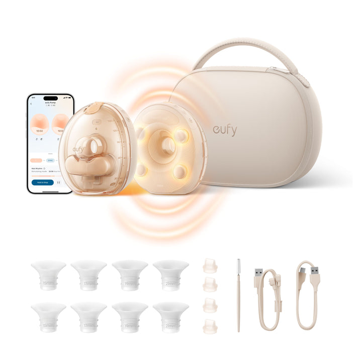 Eufy S2 Pro dobbel wearable brystpumpe med ladeetui, appstyring, brysttraktinnsatser og tilbehør